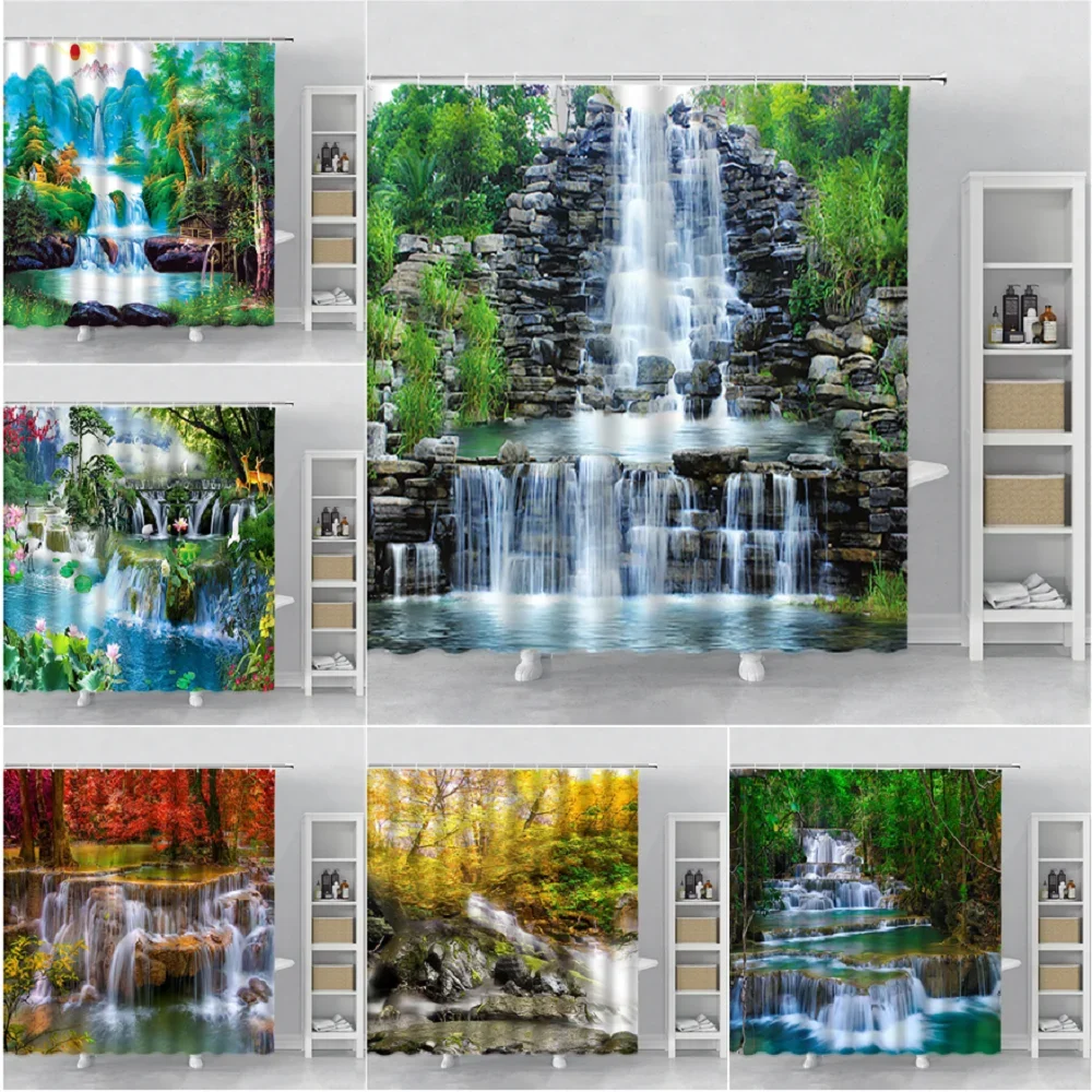 Landscape Shower Curtain Green Forest Fall Cliff Natural Scenery Bathroom Waterproof Bath Curtain Set Home Decor Wall Covering