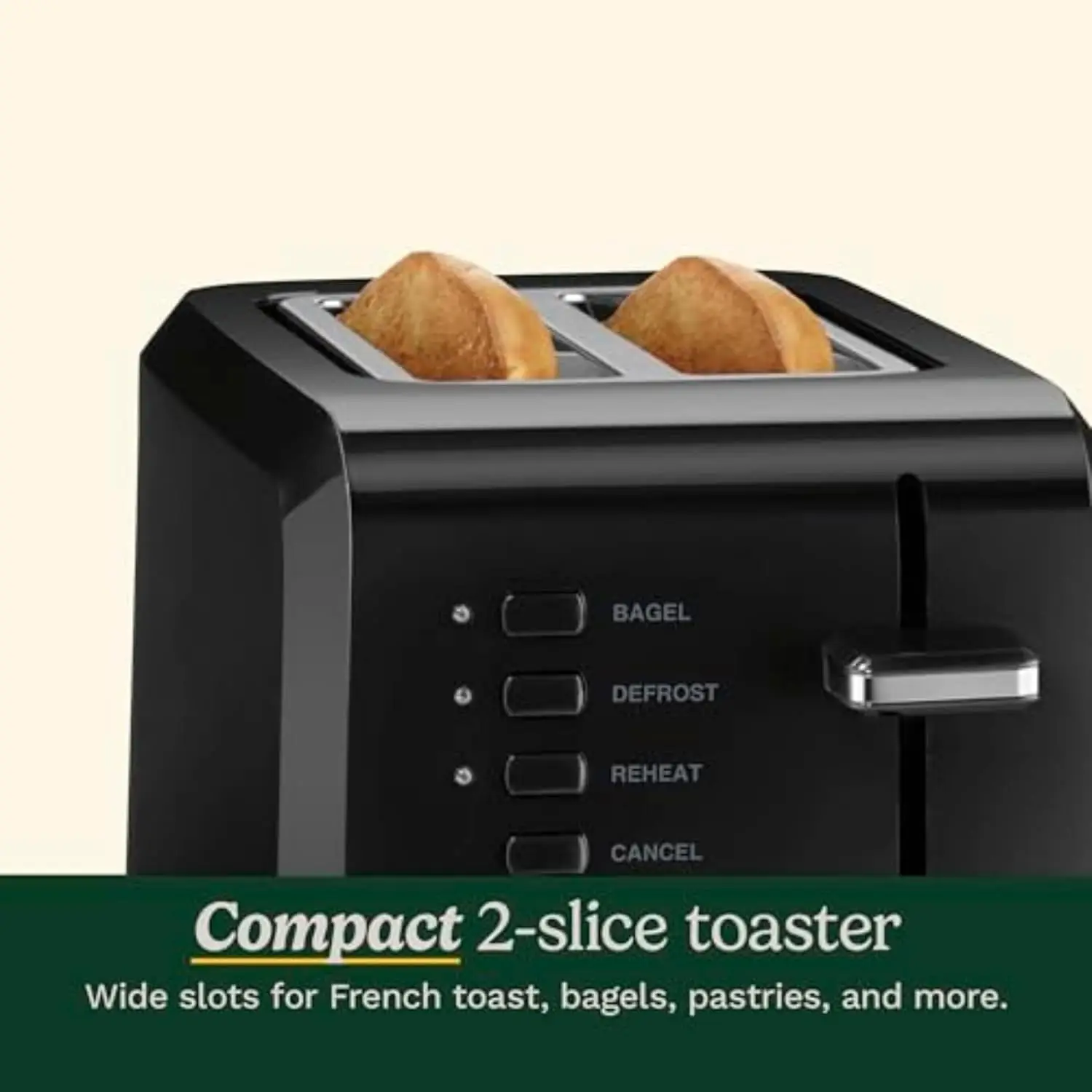 2-Slice Compact Plastic Toaster, Black, Energy-Efficient Mini Breakfast Appliance, Lightweight Design for Home or Office Use