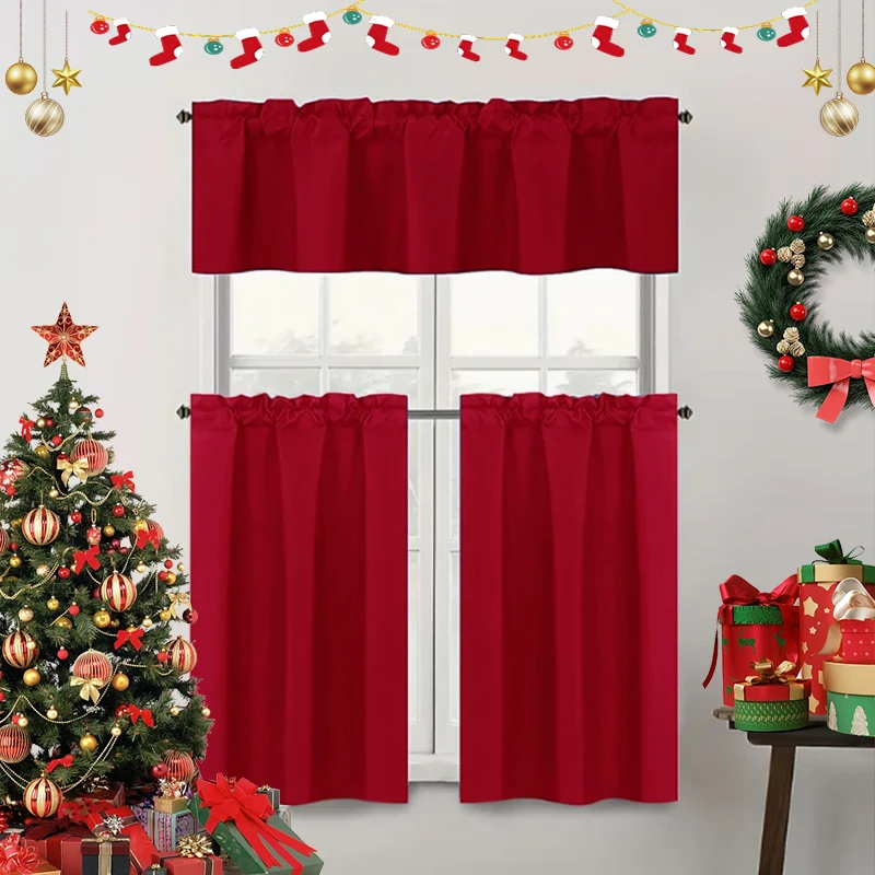 Christmas Solid Color Curtains, Kitchen Curtains W106cm x H30cm 1PC, W132cm x H61cm 1PC, W70cm x H132cm 2PCS