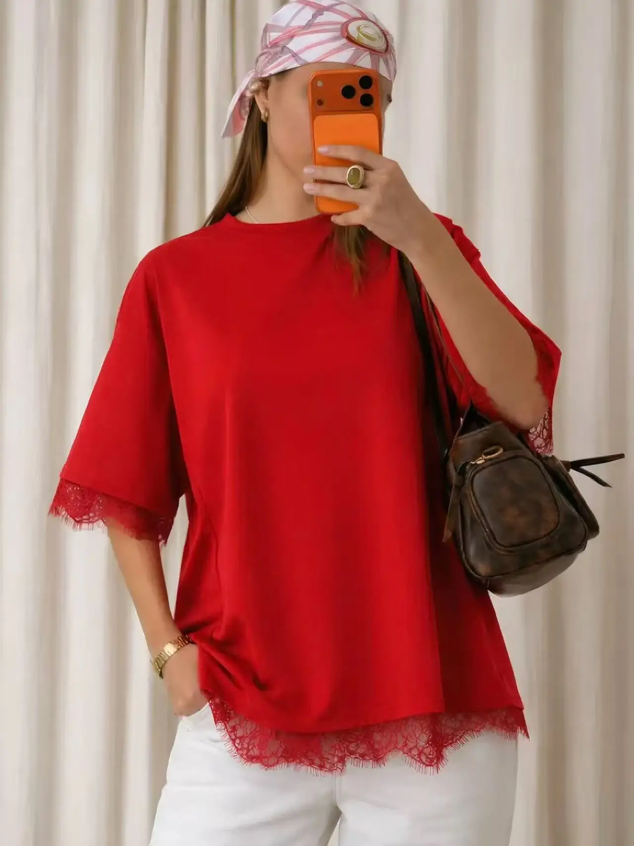 Sexy Chic Hollow Out T-shirt For Women High Street Loose Lace Spliced Tops Lazy Wind Back Split T Shirt 2026 New Lady Y2k Tee