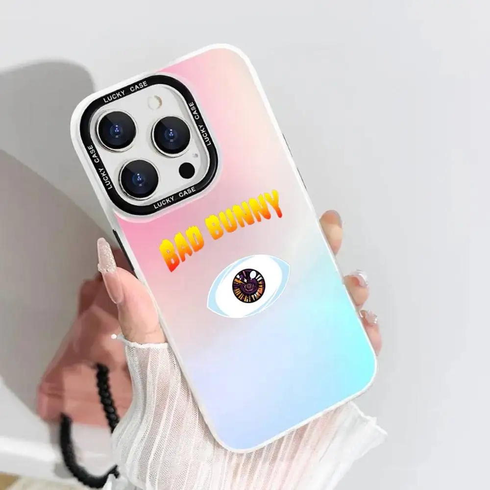 1 unidad b-bad b-bunny Love X100pre funda de teléfono láser IMD Color carcasa plateada para IPhone 17 16 15 14 13 12 11 Air Pro Max Plus