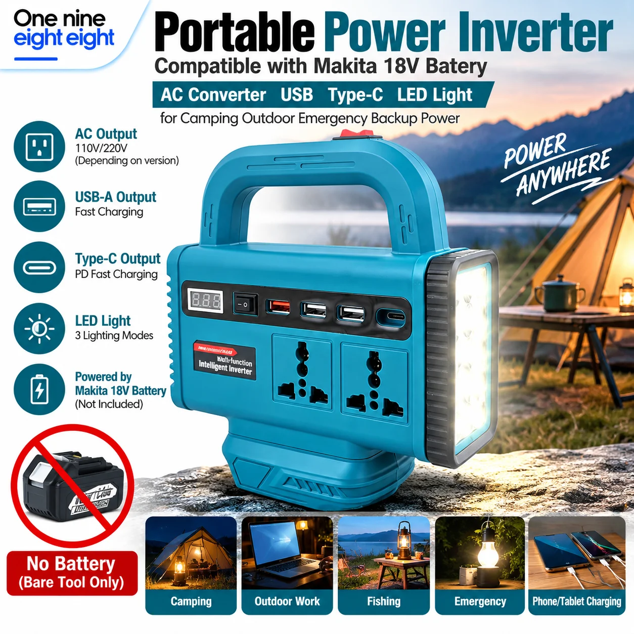 Portable Battery Power Inverter for Makita 18V Battery AC Outlet USB Type-C LED Work Light Outdoor Camping Emergency Power Suppl