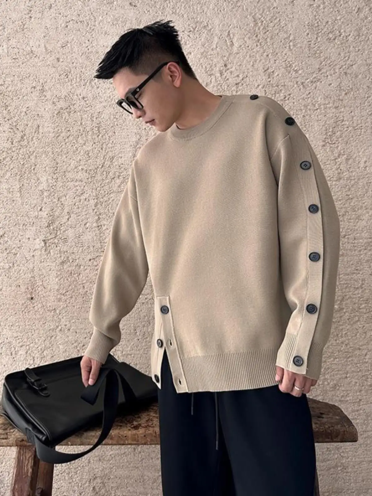 

Осенне-зимний мужской свитер большого размера, 300 пу, высококачественный, в корейском стиле, повседневный, с пуговицами на плечах, от модного бренда