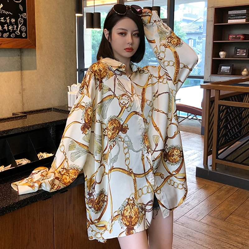 Baroque Luxury Print Women Long Shirts Autumn Long Sleeve Lapel Single-breasted Female Shirt Casual Loose Tops Streetwear camisa