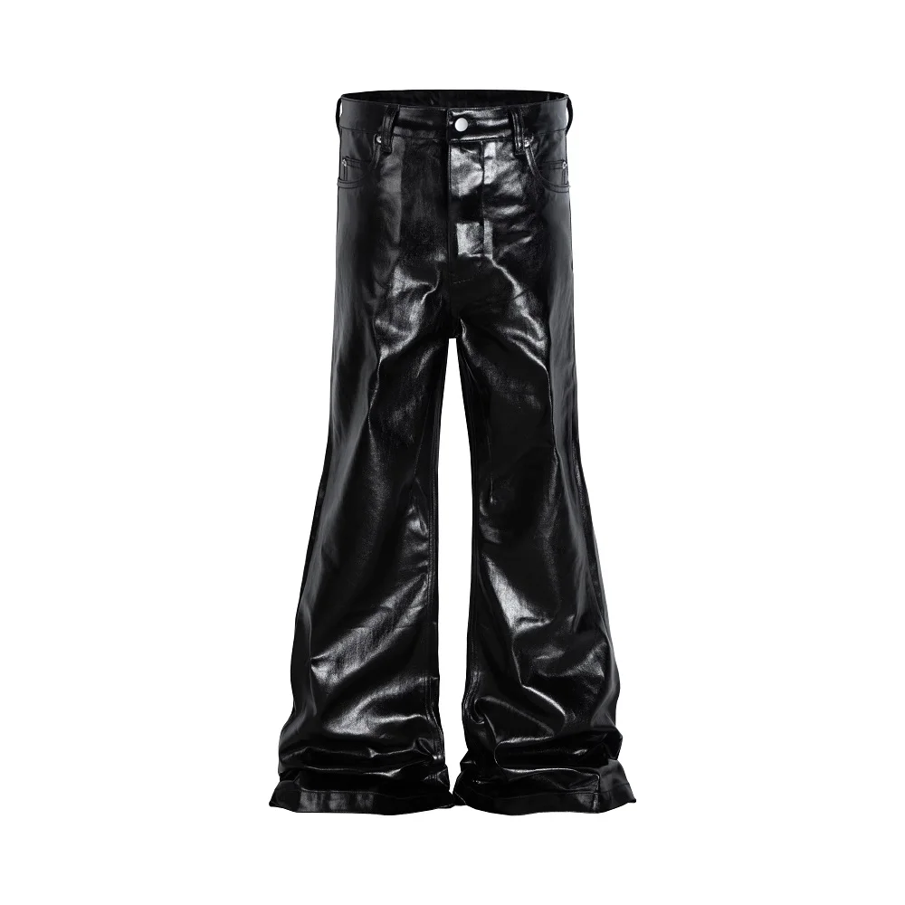 Black-coated Glossy Patent Leather Micro-lapped Jeans Japanese Streetwear Tactical Pants