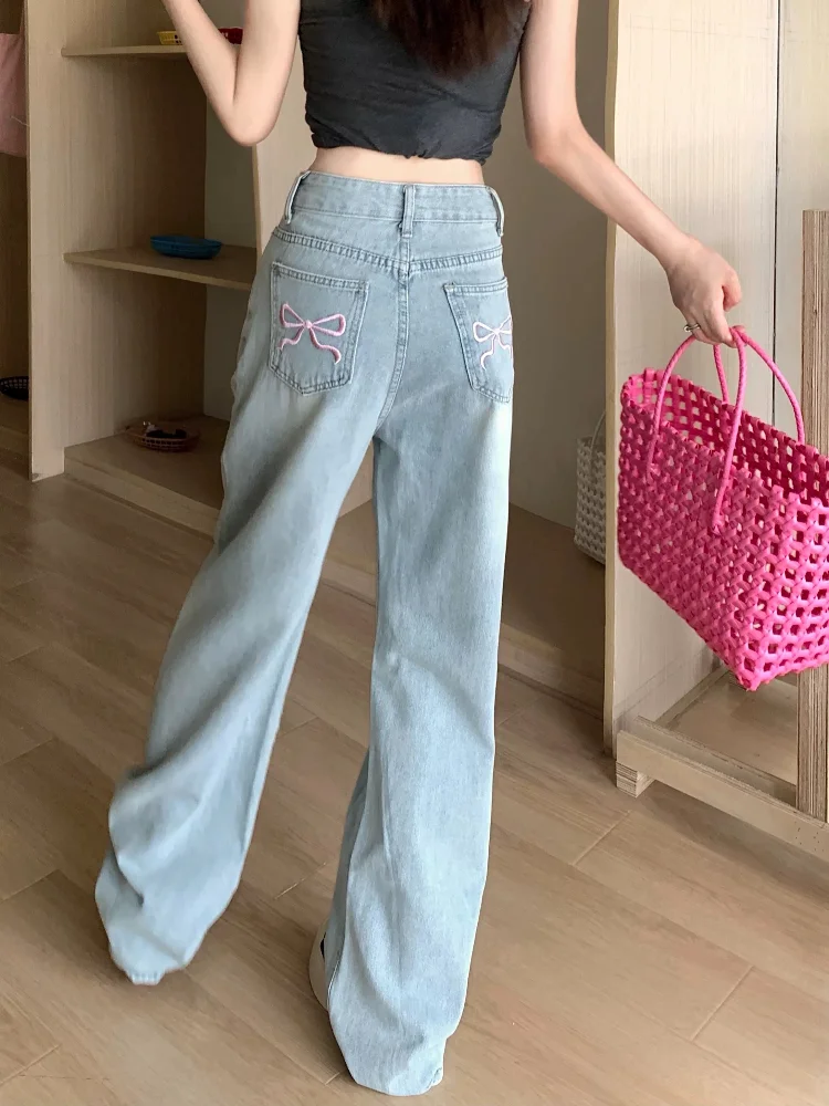 

ADAgirl Blue Bow Embroidery Baggy Jeans Women Y2k Harajuku Causal Korean Style High Waist Denim Pants Streetwear Fashion Bottoms