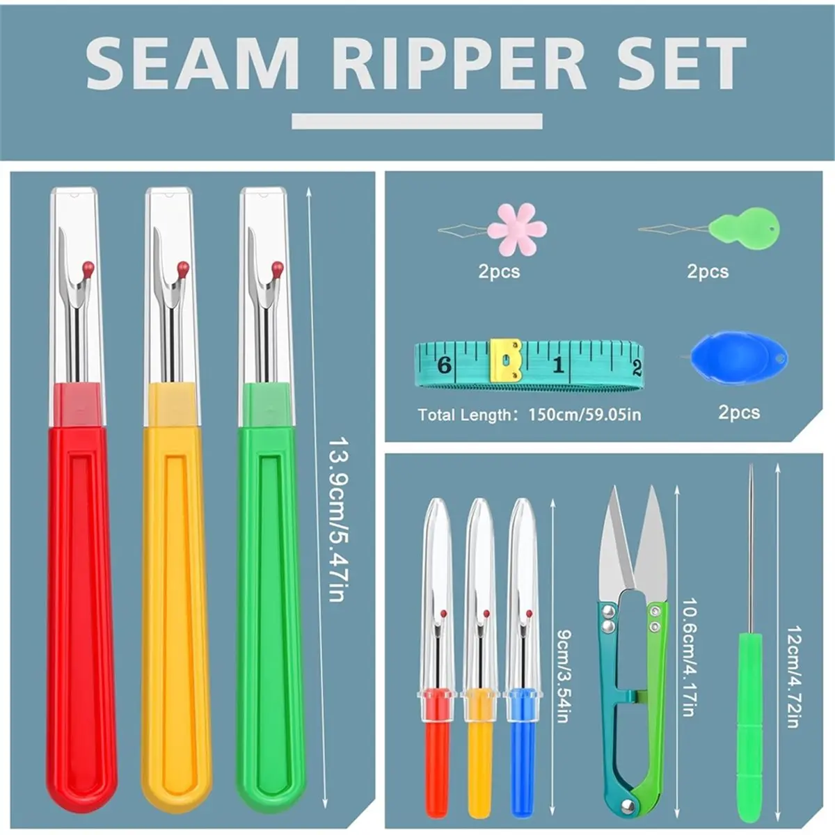 【BAAQ】 Seam Rippers for Sewing, Remover Tool, Threaders, Tape Measure, Tailors Awl, Thread Snips (15PCS)
