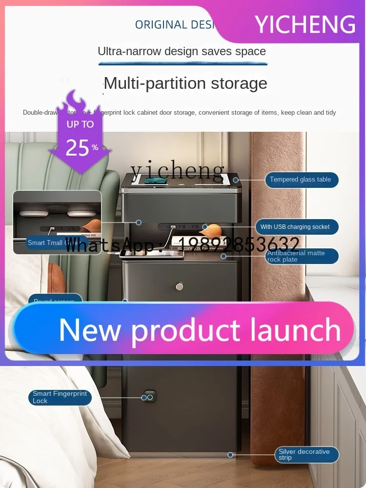 

Black Smart Bedside Table Bedroom Storage Cabinet Bedside Cabinet Tempered Glass Narrow Cabinet