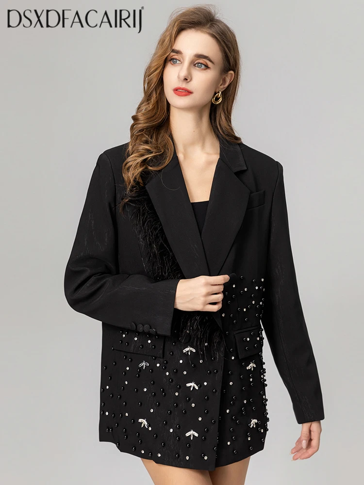 DSXDFACAIRIJ سترة نسائية بياقة مقلوبة وأكمام طويلة ريش مطرز بزر واحد موضة شارع العليا Autumnn