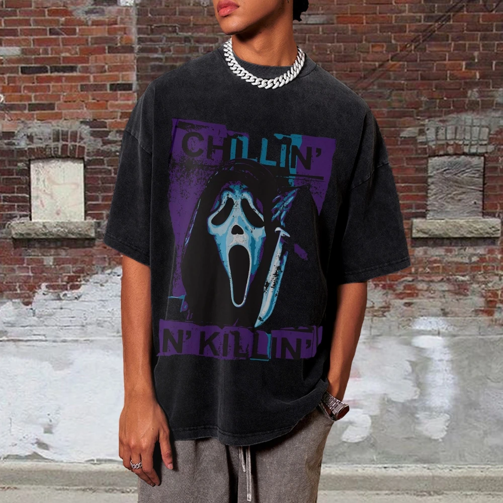 Horror Contrasting Color Skull Print T-Shirt Japanese Style Round Neck Retro Washed Denim Casual Trend New Short Sleeves