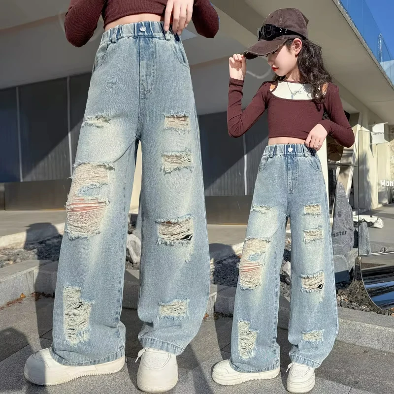 Spring Autumn Cowgirl Ripped Jeans With Hole Kids Girls Casual Style Destroyed Denim Pants Child High Street Trousers 4-14Years