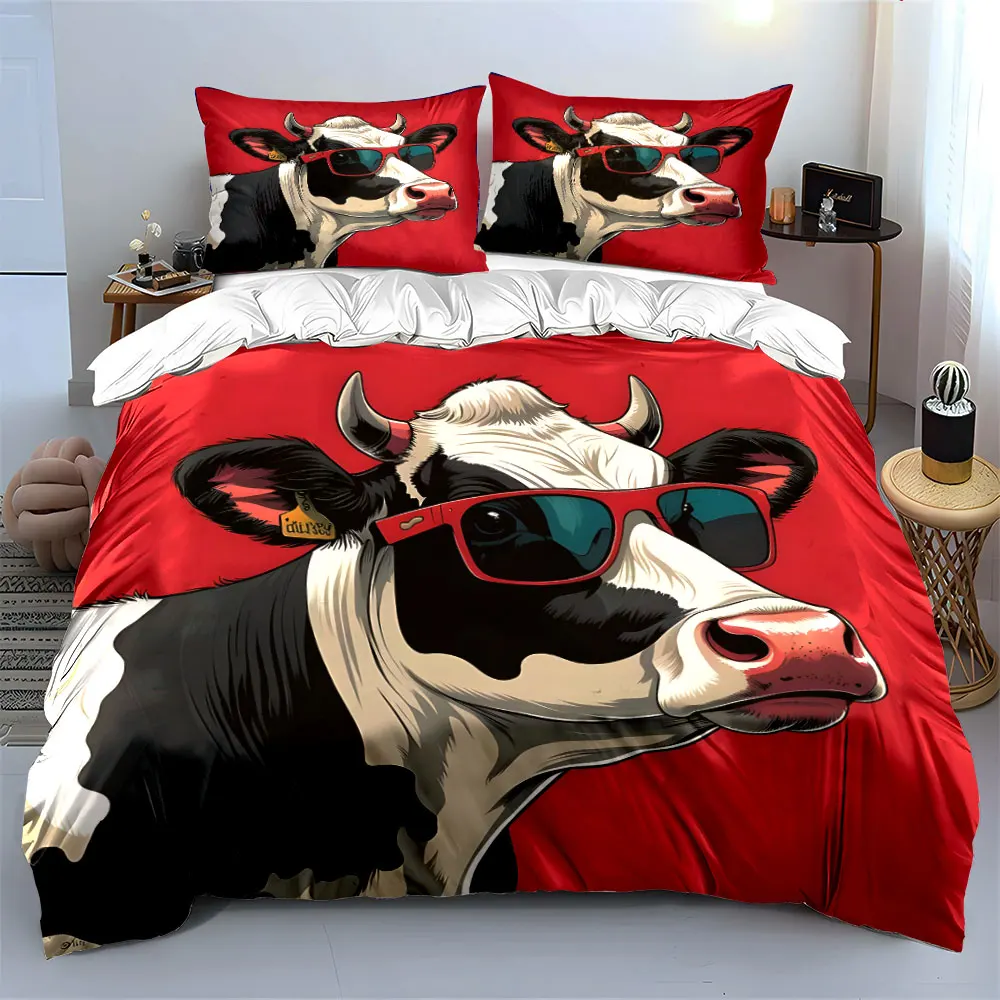 Cow with Sunglasses on Red Pattern Duvet Cover Set Digital Print Colorful Polyester Bedding with Zipper Closur for kids gifts