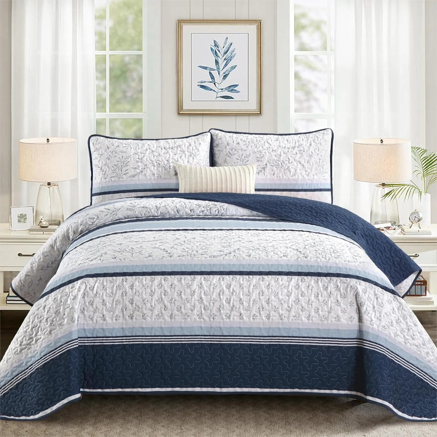 

Striped Quilt Set Queen Size, Navy Blue Boho Patchwork Leaves Bedspread Coverlet 3 Pieces Soft Lightweight Microfiber Bedding