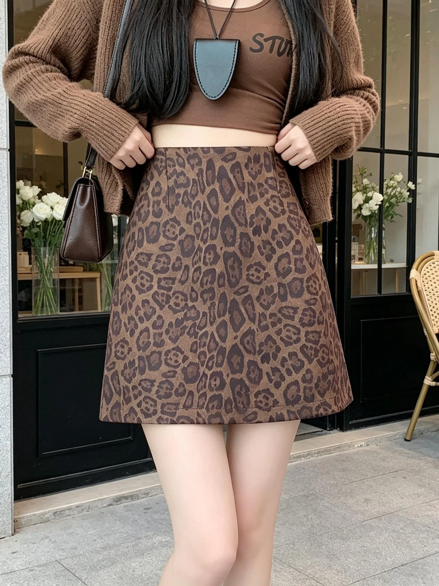 2026 New plus Size Leopard Print High Waist A-Line  Skirt Women's Autumn Winter Slimming Skirts Prevent Exposure