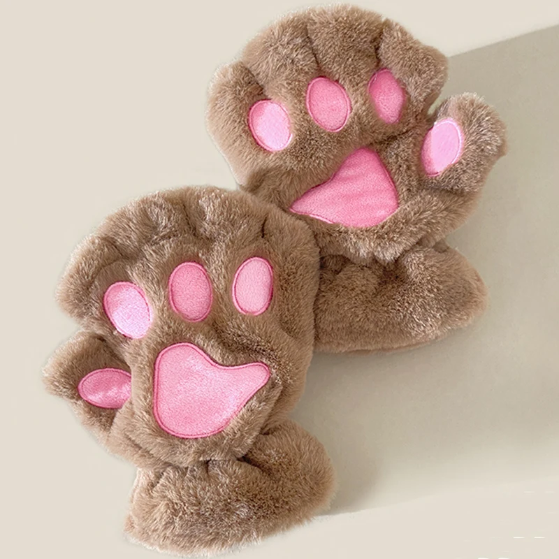 

Women Girls Cute Cat Paw Fluffy Claw Fingerless Gloves Warm Soft Plush Fingerless Panda Glove Half Finger Winter Christmas Gifts