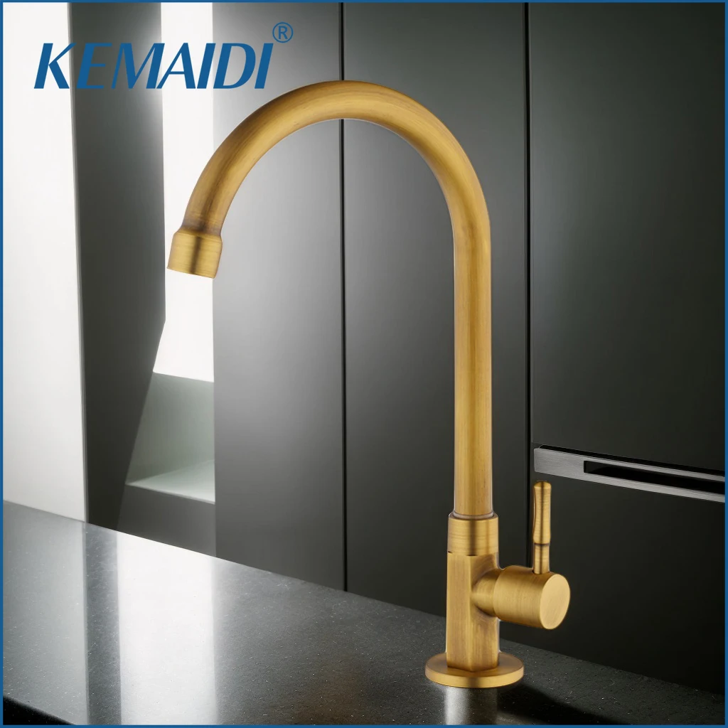 

KEMAIDI Antique Brass Kitchen Faucet Single Handle Single Cold Water Tap Vintage Style High Arc Kitchen Sink Faucet Deck Mounted