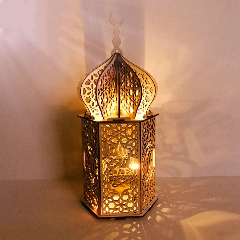 

Wooden DIY Palace LED Night Light Eid Mubarak Decoration Ornament Muslim Wood Lantern Ramadan Decoration A