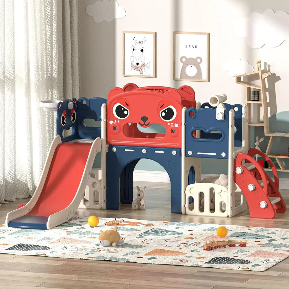 

All-in-One Toddler Slide and Climber Playset for Ages 1-8, Indoor/Outdoor, with Basketball Hoop, Telescope, and Storage