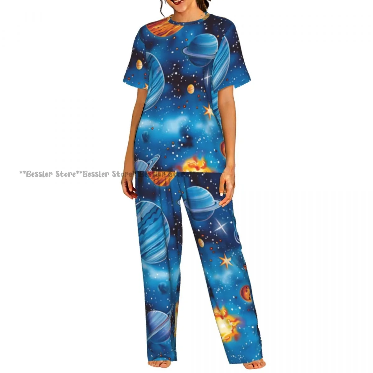 

Женский комплект из 2 предметов: пижама с узором «Разноцветные планеты и звезды», топ с короткими рукавами и брюки, одежда для сна