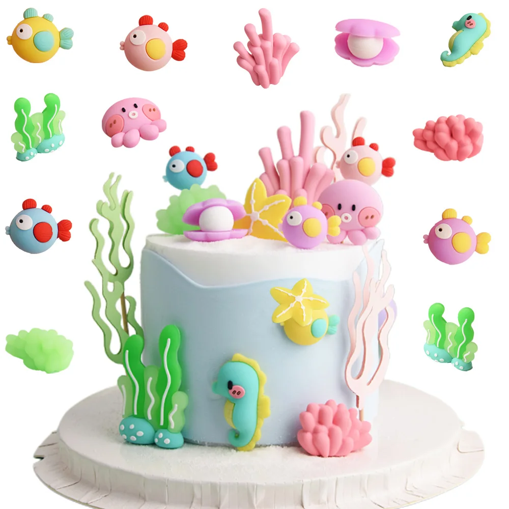 Under the Sea Birthday Cake Decorations Fish Coral Octopus Seahorse Seaweed Shaped Ocean Sea Submarine Party Supplies Favors