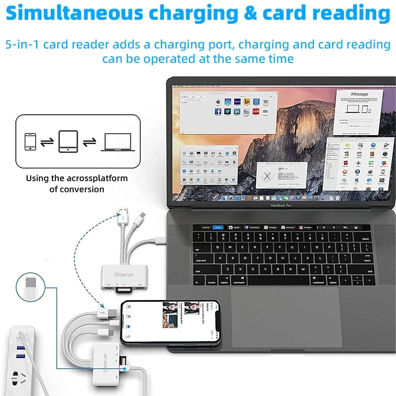 SD TF pembaca kartu memori adaptor OTG, adaptor 5 in 1 dengan Port pengisian daya untuk iPhone iPad Xiaomi Samsung Huawei PC