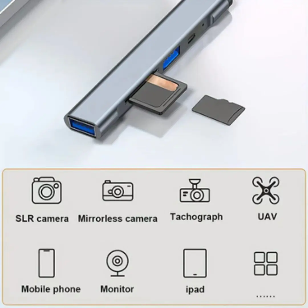 5-in-1 USB-C SD Card Reader, USB 2.0 Type-C Data, USB 3.0 TF SD Expander, High-Speed Data Transfer, Plug and Play