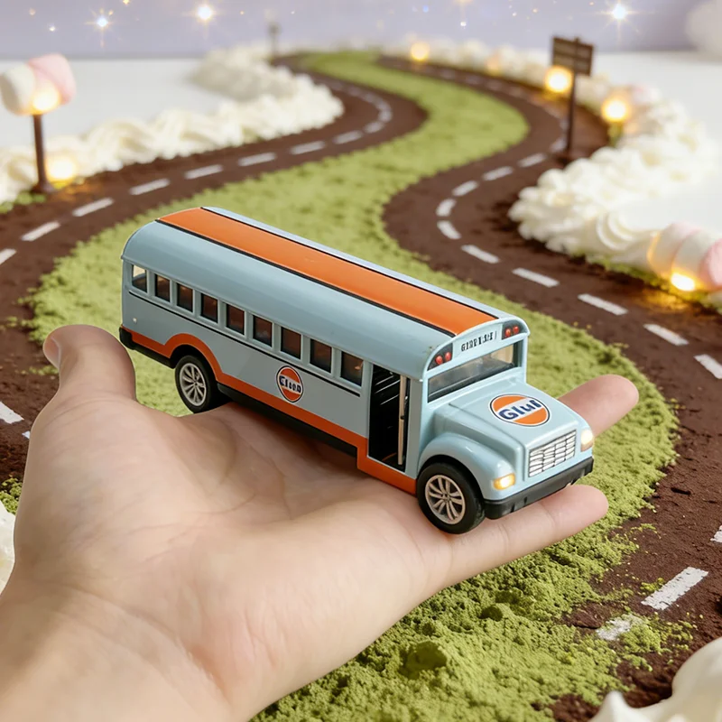 Modelo de Autobús Escolar GULF de Aleación a Escala 1:70, de Alta Calidad, Clásico, con Mecanismo de Retroceso, Réplica de Vehículo en Miniatura para Colección o Regalo