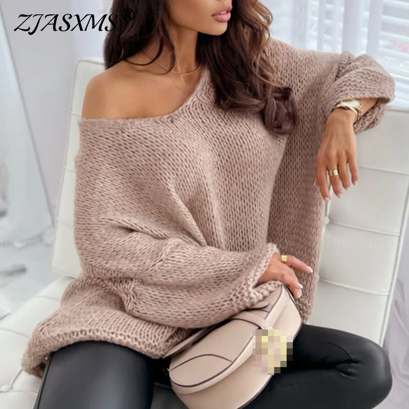 

Ленивый повседневный однотонный пуловер, свитер, женский сексуальный трикотаж с v-образным вырезом, осенний свободный джемпер с длинными рукавами, женская одежда