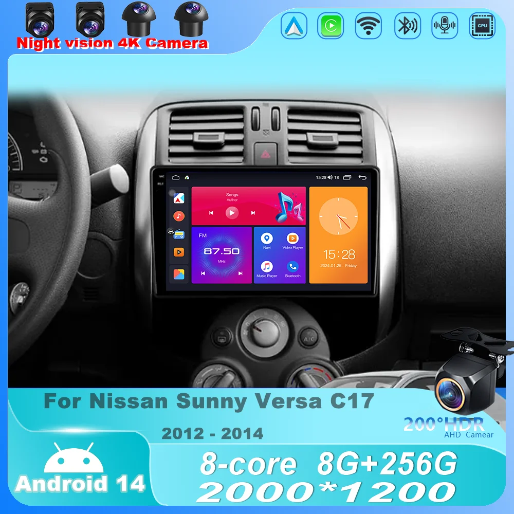

Car Radio For Nissan Sunny Versa C17 2012 2013 2014 Android 14 Multimedia Player Stereo Navigation GPS 4G Wireless Carplay WIFI