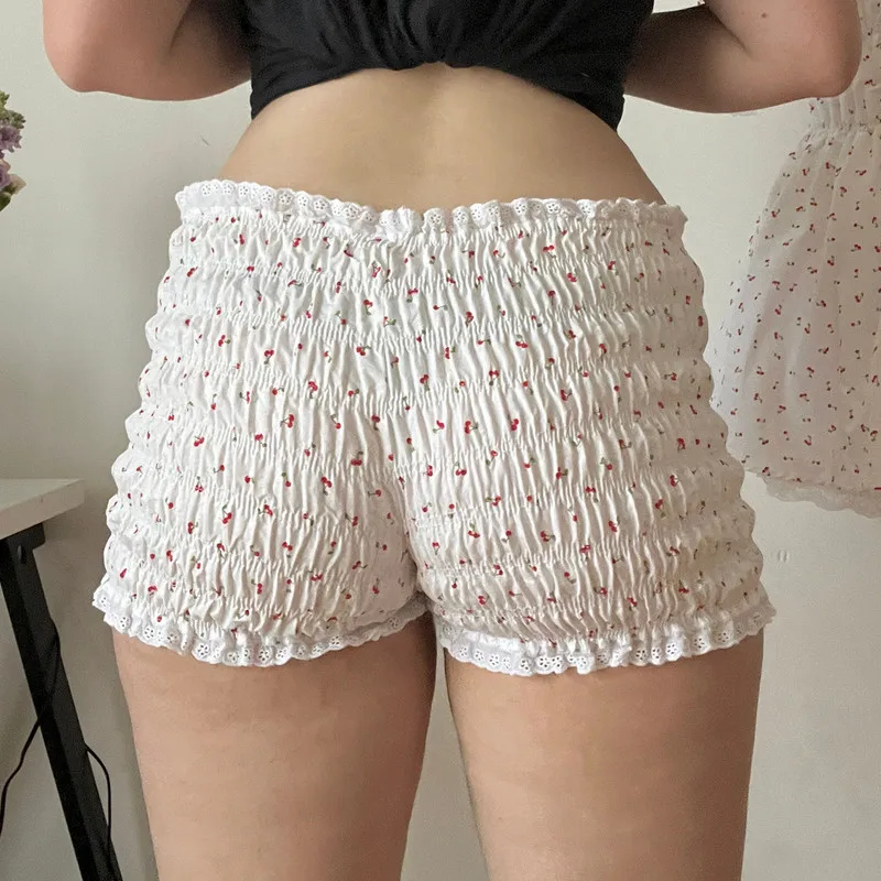 Y2k Clothes Women Lolita Sweet Shorts Cherry Print/Solid Color Elastic Waist Fashion Casual Shorts Sexy Club