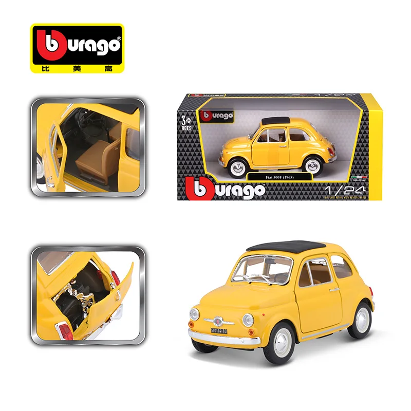 Bruago-neumático de goma de aleación estática para niños, modelo de coche Fiat 500f 1:24 1965, adorno para niños pequeños, colección de modelos de juguete