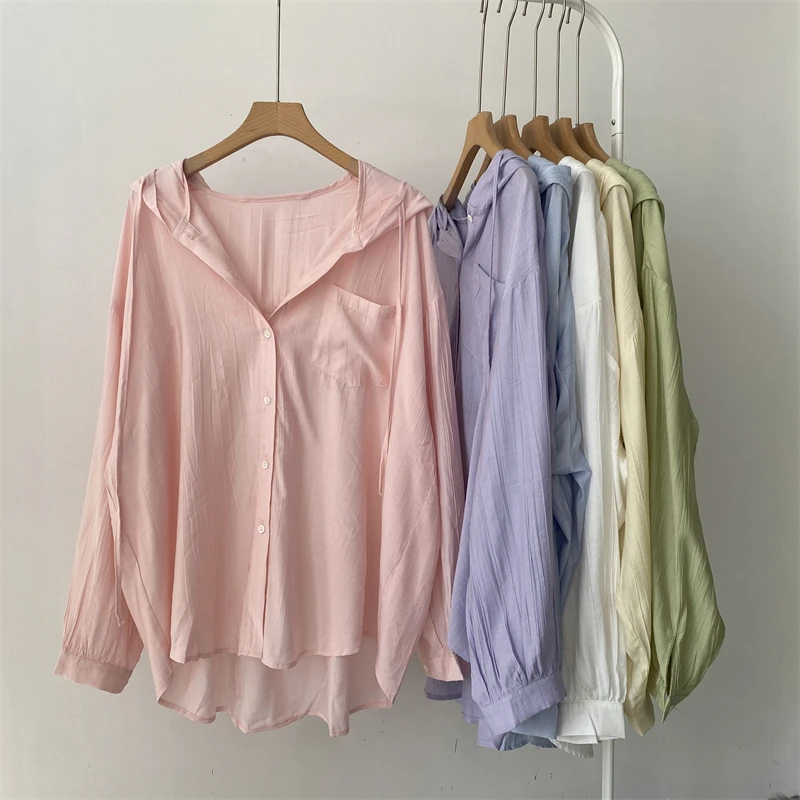 Koreaanse geplooide stof dames zomer casual lichtgewicht airconditioning zonwering irt jas lange Sve capuchon halflange lengte