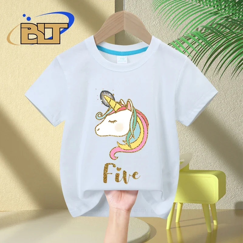 Girls Unicorn 5th Birthday T-shirt summer kids cotton short-sleeved casual top birthday gift