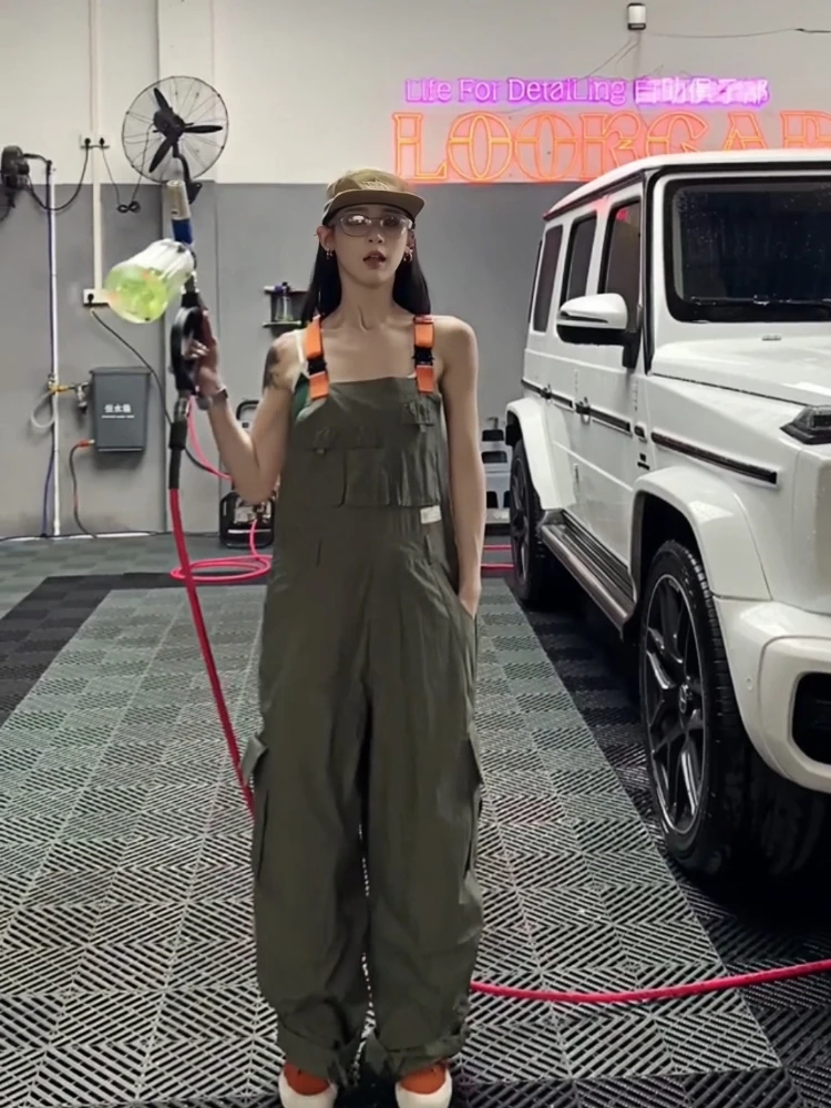 

Street color matching adjustable shoulder strap big pocket shoulder strap cargo pants for women 2025 spring casual pants