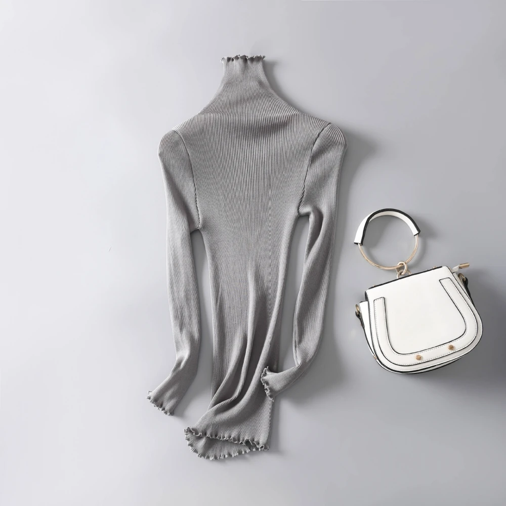 Birdsky, Women long sleeve turtleneck pullover Tops Tees ruffles high collar slim fit extended Rib 70% mulberry silk, OR-46