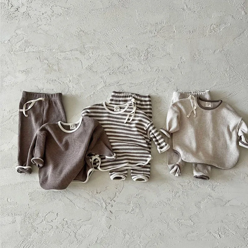 Sweat-shirt et pantalon en coton gaufré pour enfants, ensemble de vêtements décontractés pour enfants, tenues rayées pour bébés garçons et filles,