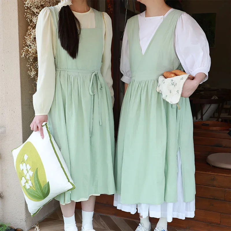 Double Side Cotton Linen Kitchen Apron, Multicolored Women's V-neck Flat-neck Split Long Pinafore For Cooking Gardening Painting