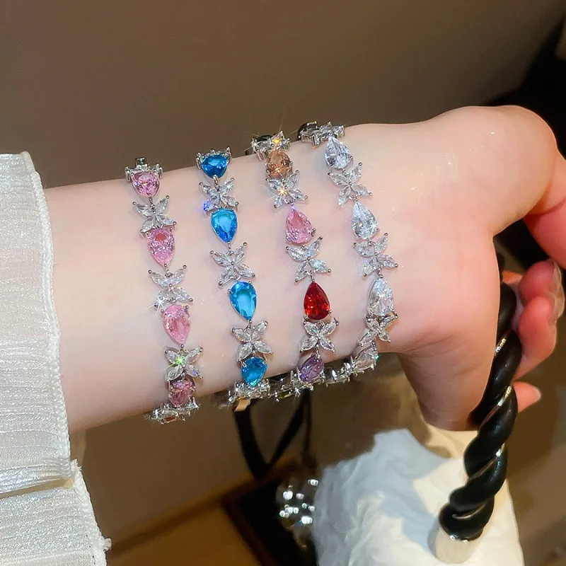 

Minar High Quality 4 Designs Mix Color CZ Cubic Zirconia Water Drop Flower Charm Bracelets for Women Silver Plated Copper Gift