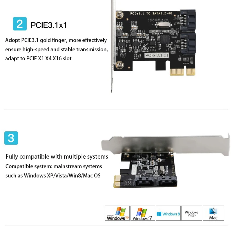 Cartão de Expansão PCI-E SATA, Riser Card, 6 Gbps, Adaptador PCI-E Sata, Desktop Conversor PCIe, PCI E Sata Card Controller, Chip JMB582