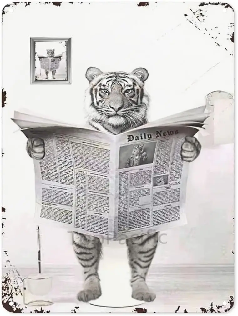 Metal Tin Sign Vintage Tiger Toilet Reading Newspaper Humour Funny Animal Whimsy Animal for Home, Bathroom and Toilet