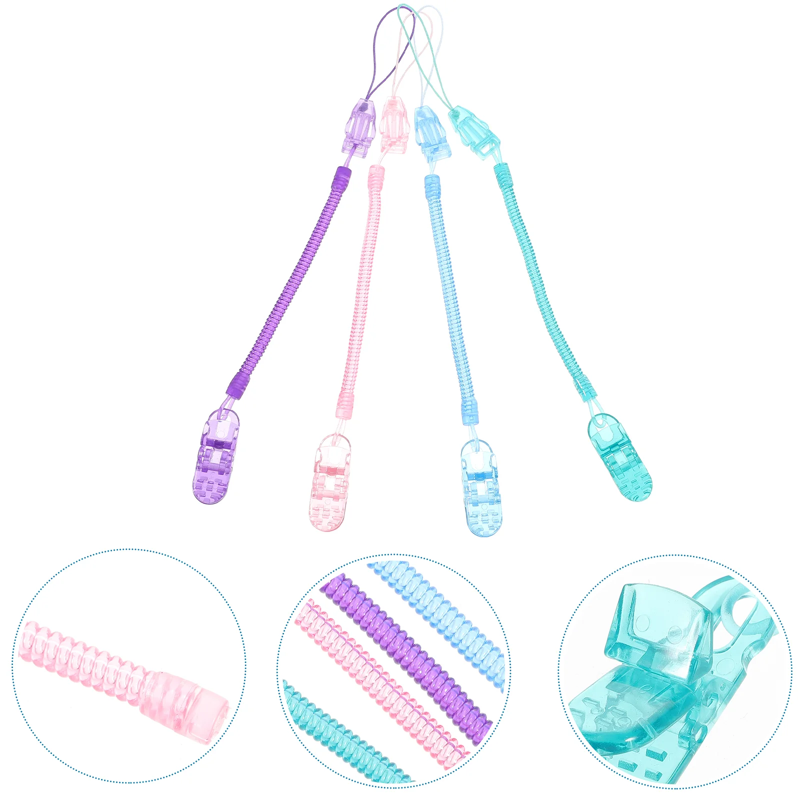 4Pcs Clear Silicone Baby Pacifier Clips Chain Badge Clips for Making Clips Straps Pink Blue Purple and Green