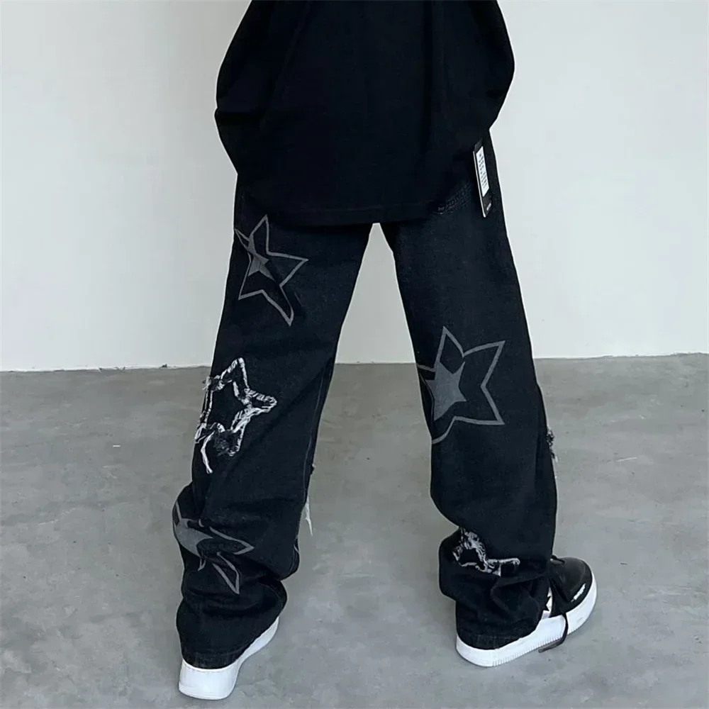 jeans men star printed trousers autumn new Korean fashion gothic high street style loose casual slim straight wide-leg pants