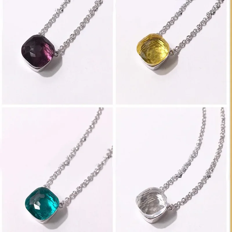 100% 925 Sterling Silver Candy Style 21 Colors Blue White Red Green Yellow Crystal Drop Necklace For Women Fine Jewelry
