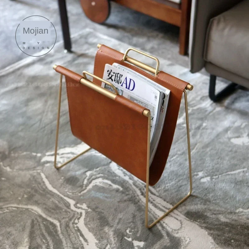 Golden Metal Magazine Rack, Double Layer, PU Leather Bookshelf, File Book Organizer, Nordic Holder, Elegant Office Storage
