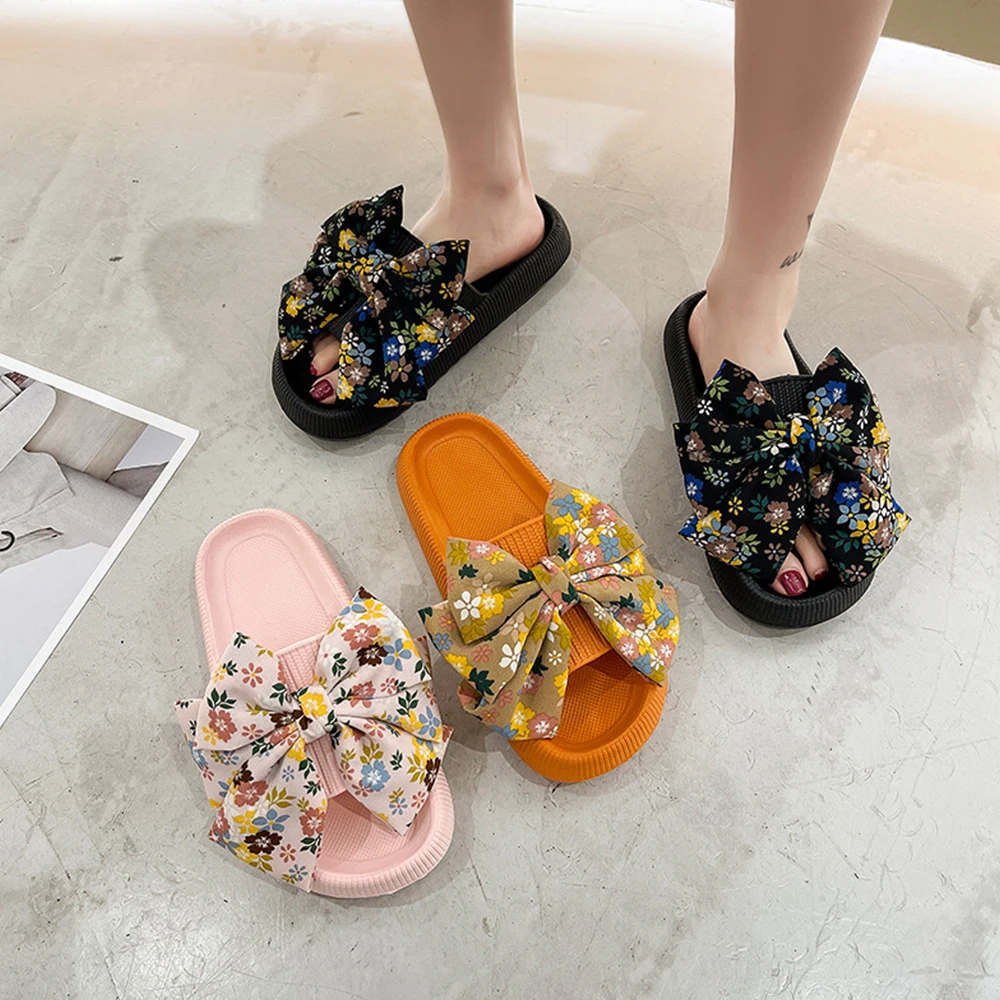 Hot Women Summer Thick New Bow Tie Slippers Indoor Home Sandals Couples Bathroom Slides Non-Slip Soft House Slippers Femme