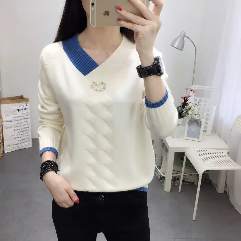 All-match Autumn Winter Rivet V-Neck Screw Thread Knitted Pullover Women's Clothing Sweater Knitted Elegant Flattering Tops