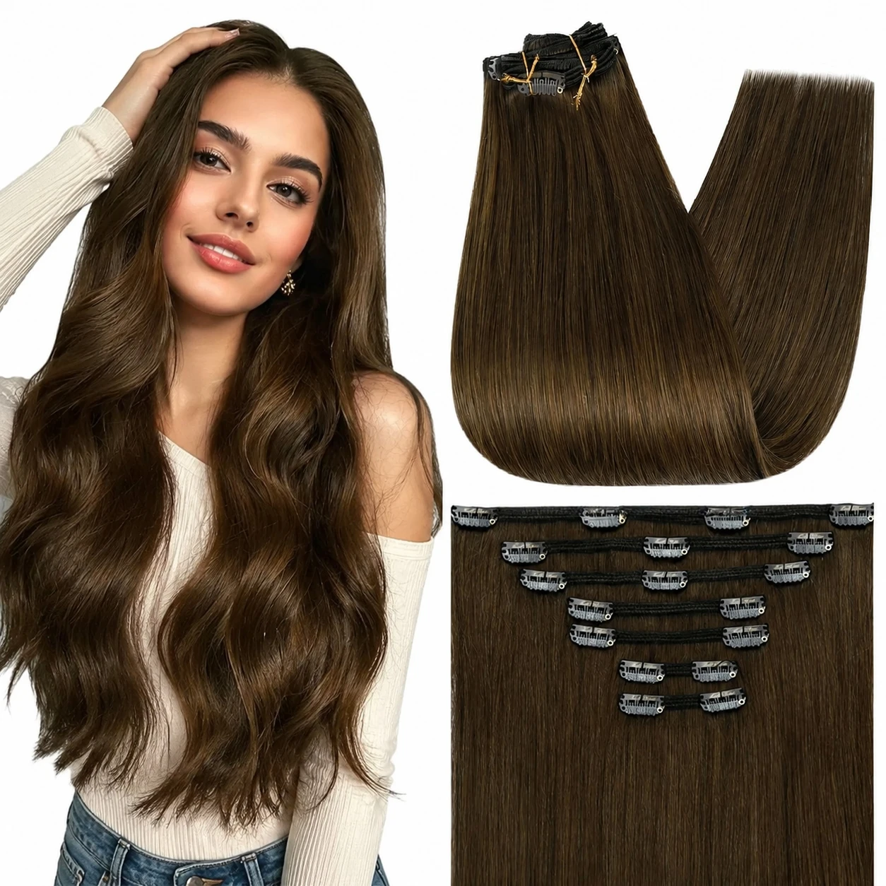 Full Shine Clip in Hair Extensions 7Pcs Real Human Hair Double Weft Straight Hair for Women