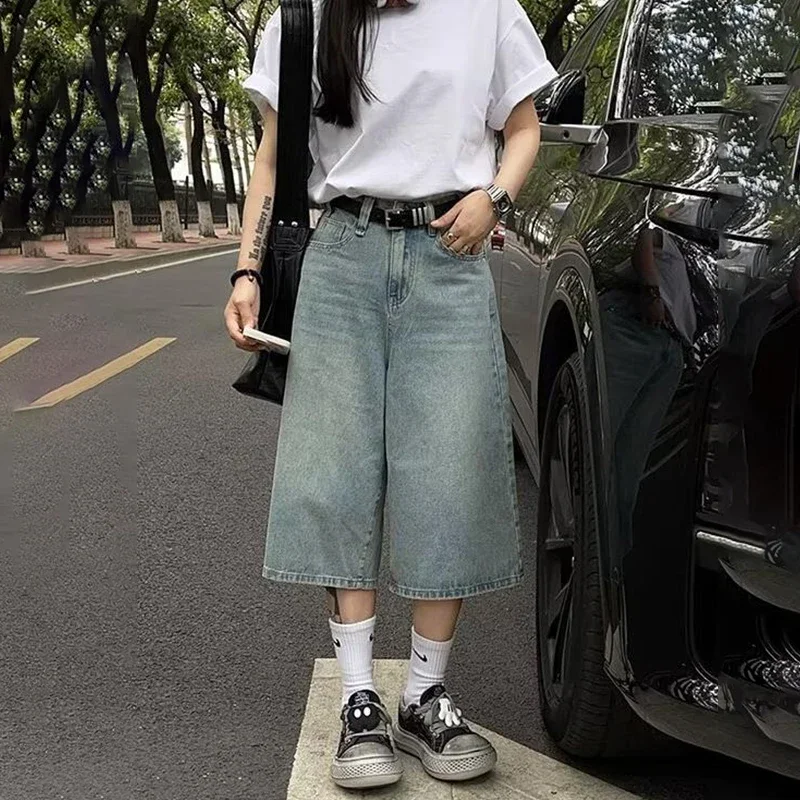 Vintage Y2k Baggy Denim Shorts Women Wide Leg Pants Fashion High Waist Wash Knee Length Barrel Jeans Mens Jean Shorts