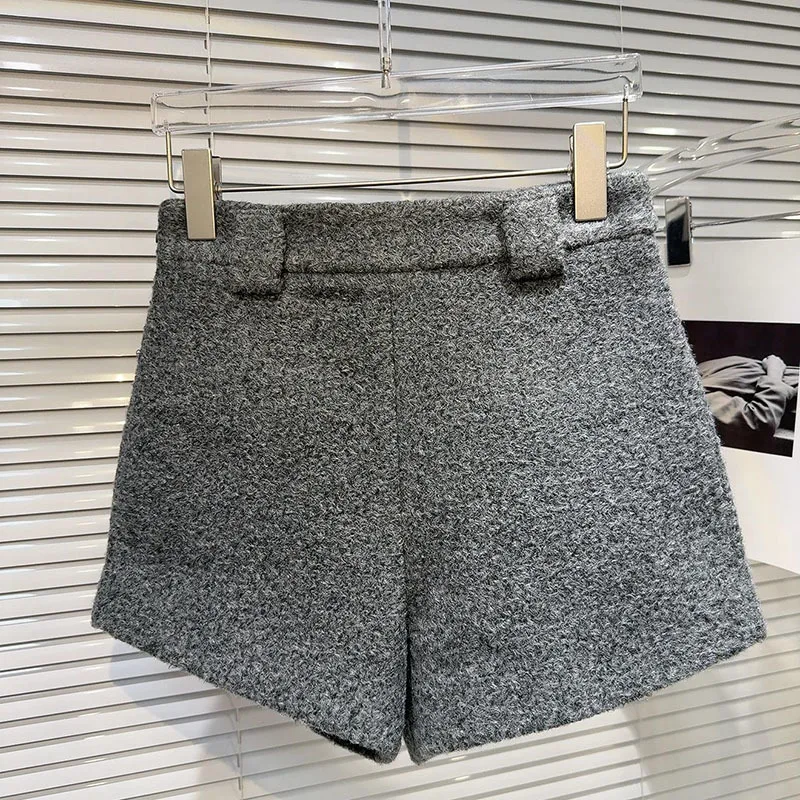 DEAT Women's Fashion Woolen Pockets Shorts For Women Casual Solid Color Short Pants Female Trend 2024 Winter New Items 11A01847