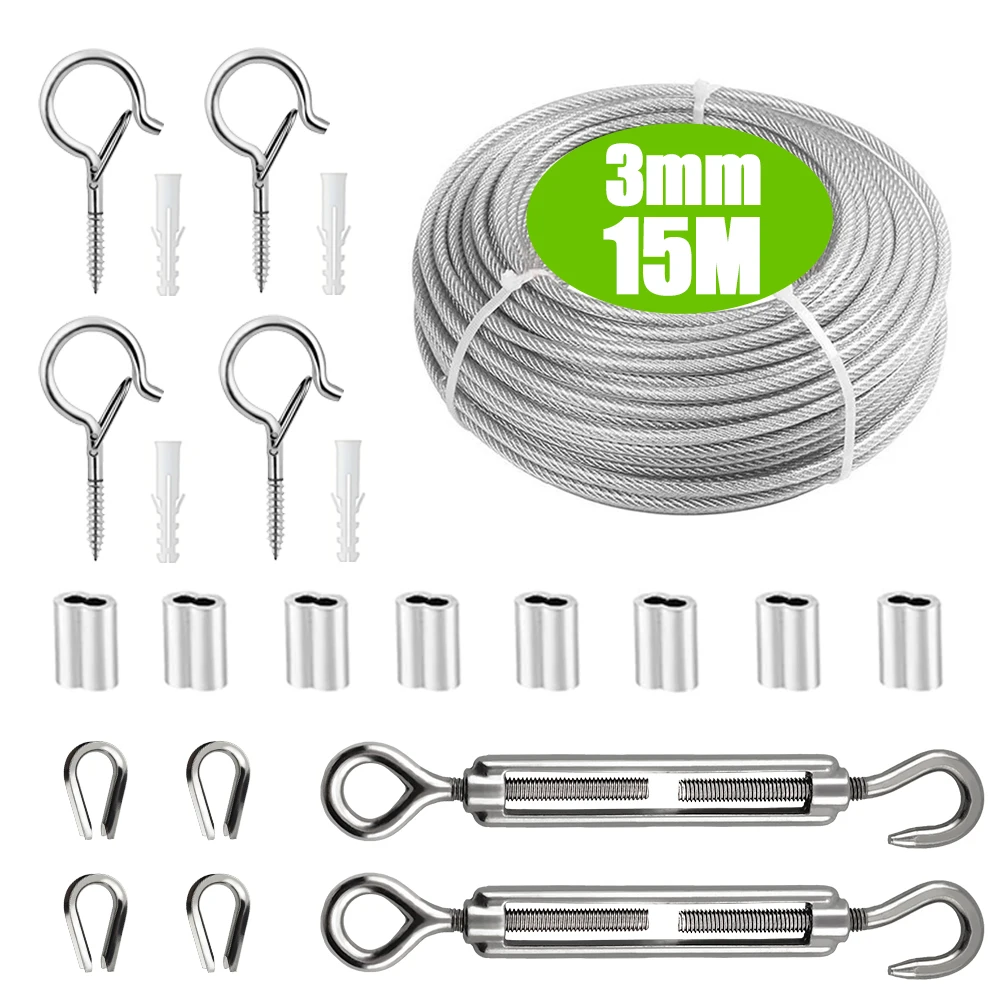 3mm Stainless Steel Multi-color Steel Wire Rope PVC Coated 15M Cable Suspension Kit Used for Fence Safety Protection